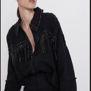 Zara black denim fringe jacket